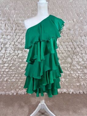 Sz. 2 Halston Heritage Emerald Green One-Shoulder Ruffle Silk Dress